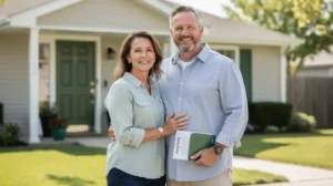 A smiling couple stands together outside their home, looking content as they reflect on their home equity and its uses.