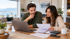 A young couple researching various options for building equity in their home.