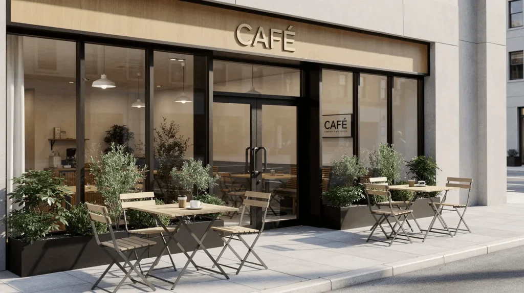 The image shows the exterior of a modern café storefront, featuring large glass windows and a stylish outdoor seating area with tables and chairs. This inviting space is perfect for small business owners looking to enhance their cash flow and attract customers while managing their business expenses.