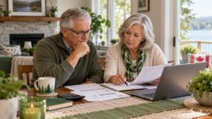 Retired Canadian homeowner couple engaged in a thoughtful discussion at their dining table about home equity tax, surrounded by accents of green. Their conversation likely touches on topics such as the proposed home equity tax and its potential impact on housing affordability in the Canadian real estate market.