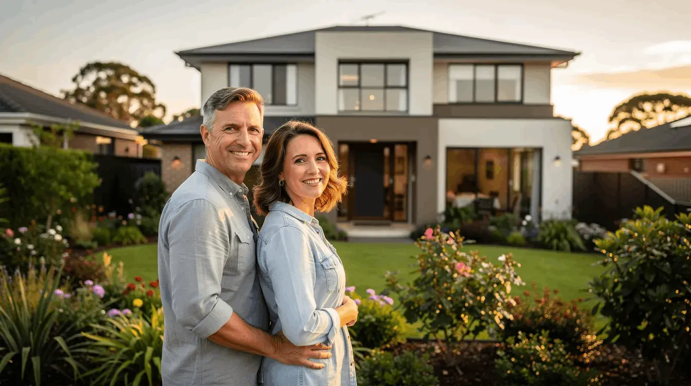 A smiling couple stands in their garden, gazing happily from the side of their home, showcasing their joyful moment together. This image reflects a sense of stability and warmth, possibly hinting at their financial achievements, such as securing installment loans or managing their credit history effectively.