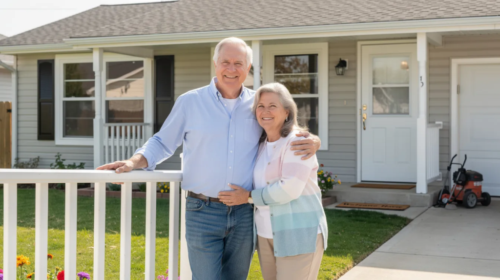 A happy senior couple after their home repairs.