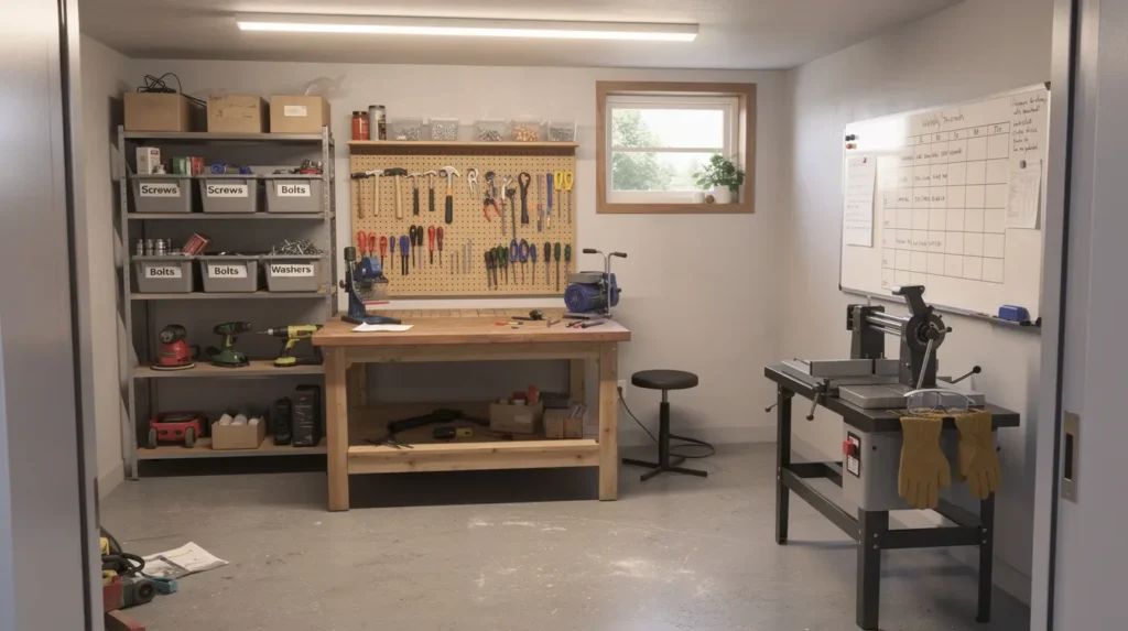 The image depicts a small workshop filled with various tools and equipment, reflecting the environment of a self-employed individual running their own business. The workshop is organized to support business activities, showcasing items that may contribute to business income and help manage business expenses effectively.