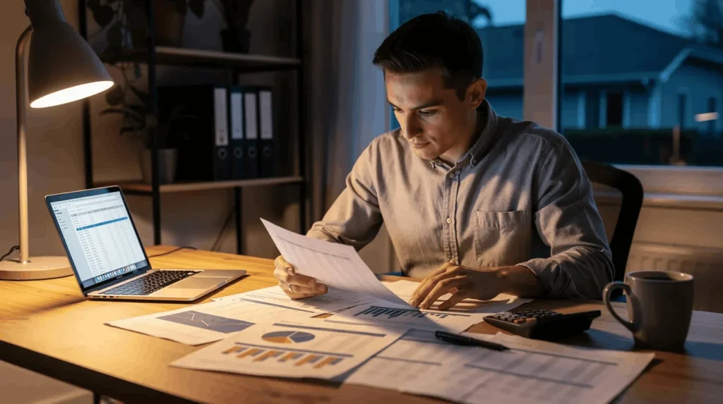A business owner sits at a home office desk, reviewing financial documents that include business expenses and potential benefits of home equity financing. The scene reflects a focus on managing monthly cash flow and exploring options like a home equity line or business loans to support their financial strategy.