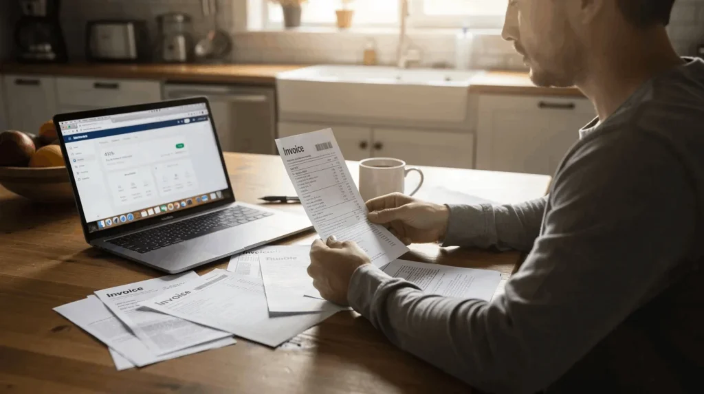 A person is sitting at a kitchen table, reviewing bills while using a laptop, likely exploring debt consolidation options to manage their multiple debts. The scene suggests a focus on understanding financial responsibilities, possibly considering how debt consolidation could affect their credit score and simplify their monthly payments.