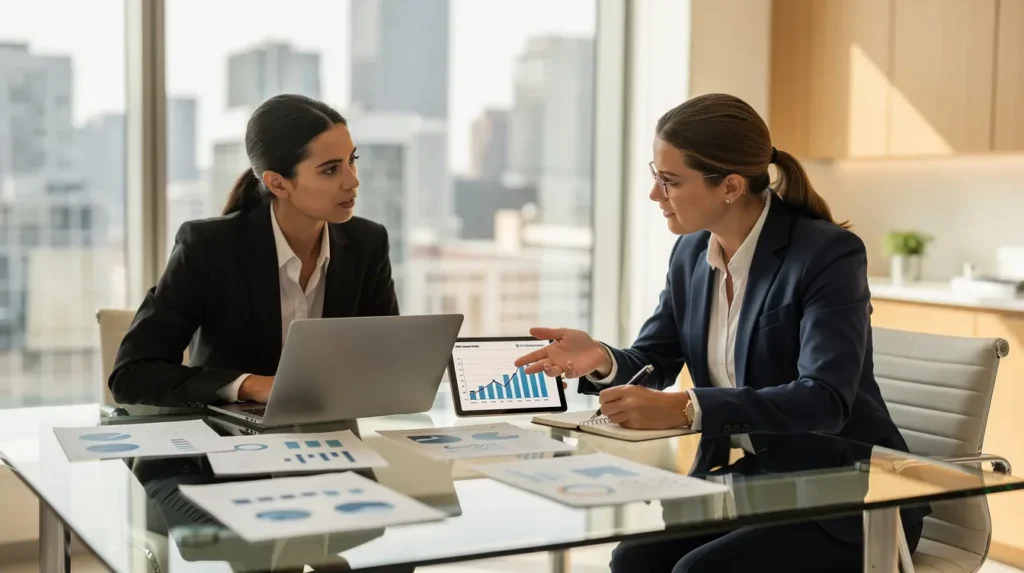 A business owner is seated at a modern office table, discussing financial strategies with an advisor. They are reviewing documents related to business income, tax deductions, and self-employment income to optimize their tax return and manage business expenses effectively.
