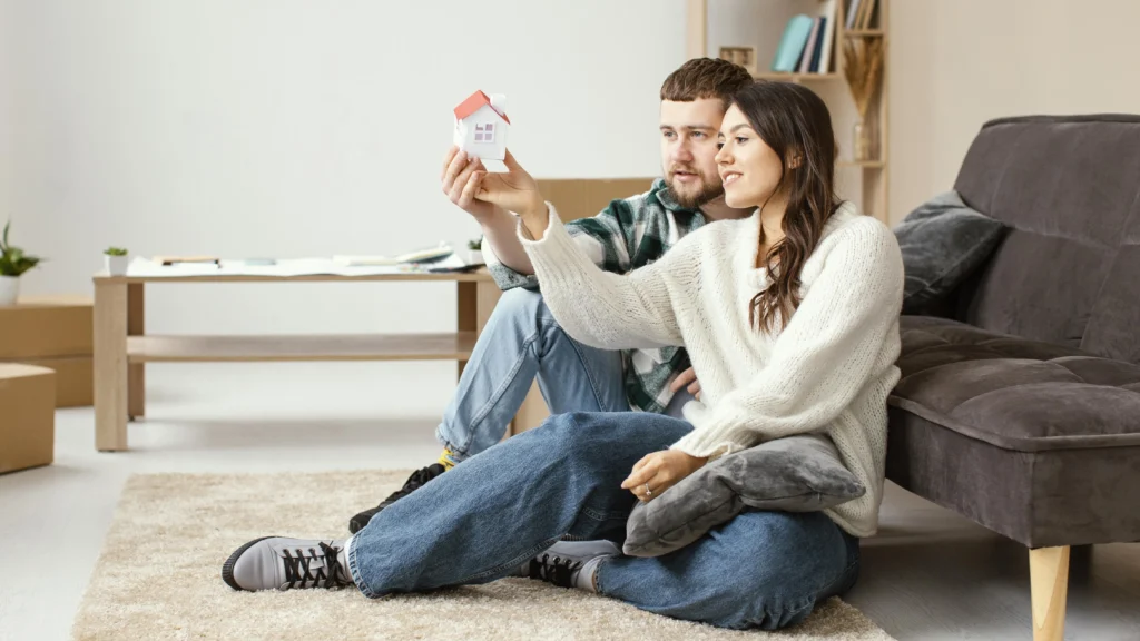 Couple looking at small house full shot.